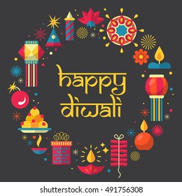 Diwali Hindu festival greeting card design with flat modern elements