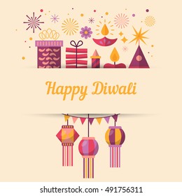 Diwali Hindu festival greeting card design with flat modern elements