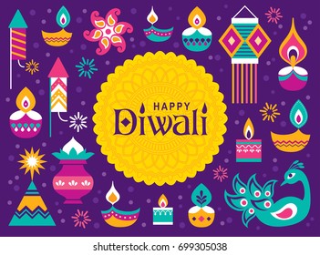 Diwali Hindu Festival Greeting Card With Modern Elements