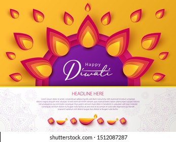 Diwali Hindu festival greeting design in paper cut style with beautiful bright lights, oil lamps and flowers of lights. Holiday background for branding, greeting card, banner, cover, flyer or poster