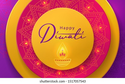 Diwali Hindu festival greeting design in paper cut style with beautiful bright lights, oil lamp and flowers of lights. Holiday background for branding, greeting card, banner, cover, flyer or poster