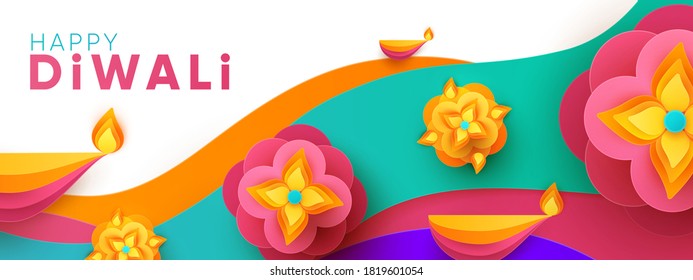 Diwali Hindu festival greeting design in paper cut style with oil lamps on colorful waves and beautiful flowers of lights. Holiday background for branding greeting card, banner, cover, flyer or poster