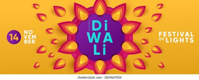 Diwali Hindu festival greeting design in paper cut style with oil lamps and beautiful bright flower of lights. Holiday background for branding greeting card, banner, cover, flyer or poster