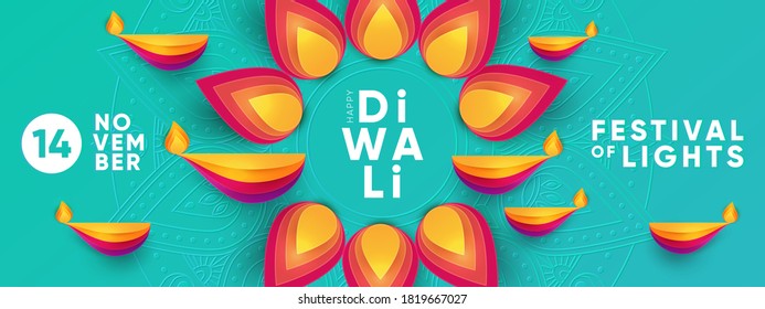 Diwali Hindu festival greeting design in paper cut style with oil lamps and beautiful bright flower of lights. Holiday background for branding greeting card, banner, cover, flyer or poster