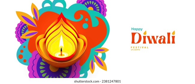 El festival hindú Diwali recibe el diseño con lámparas de aceite en olas coloridas y hermosas flores de luces. Fondo de vacaciones para marca, tarjeta de saludo, banner web, portada, volante o afiche horizontal