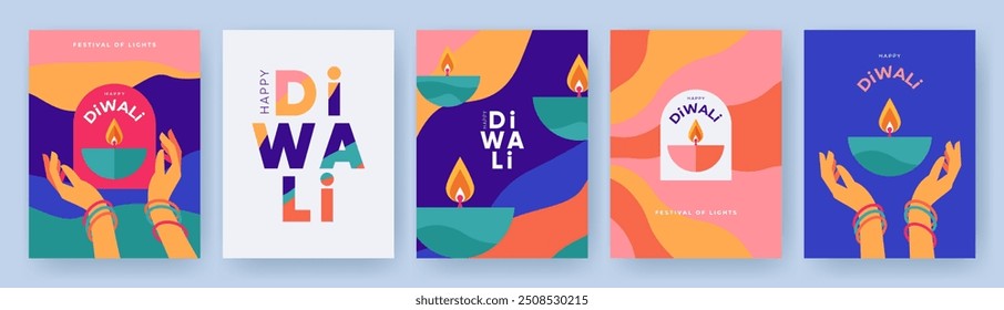 Diwali Hindu festival of lights greeting design set with oil lamp on bright waves and hands holding diya. Trendy holiday background for branding, greeting card, web banner, cover, flyer or poster