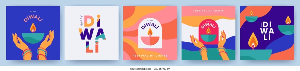 Diwali Hindu festival of lights greeting design set with oil lamp on bright waves and hands holding diya. Trendy holiday background for branding, greeting card, web banner, cover, flyer or poster