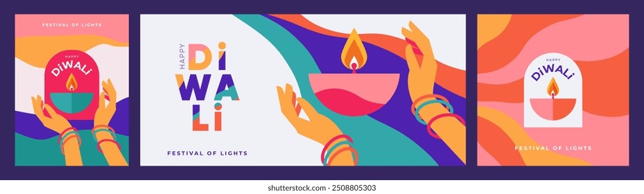 Diwali Hindu festival of lights greeting design set with oil lamp on bright waves and hands holding diya. Trendy holiday background for branding, greeting card, web banner, cover, flyer or poster