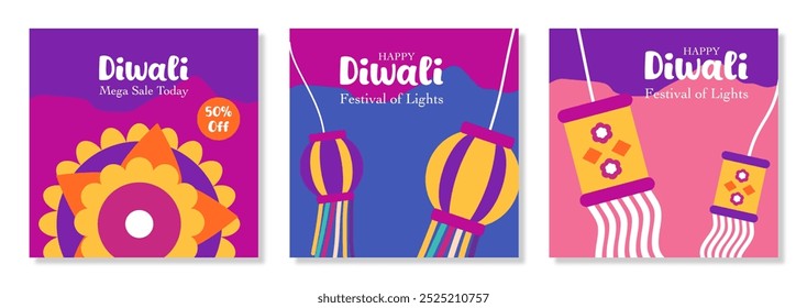 Diwali Hindu festival of lights greeting design set with oil lamp, lanterns and rangoli. Trendy holiday background for branding, greeting card, social media, web banner, cover, flyer or poster