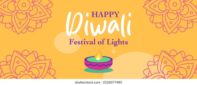 Diwali Hindu festival de luzes saudação design com rangoli e óleo decoração lâmpadas. Fundo de férias da moda para branding, mídia social, cartão de saudação, banner web, capa, folheto ou cartaz