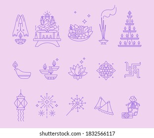 Diwali, Hindu Festival Of Lights - Set Of Outline Icons. Deepavali Symbols. Lamps Dipa, Sand Art Rangoli, Home Altar For Puja Offerings And Gifts. Use For Greeting Card, Invitation, Banner Or App