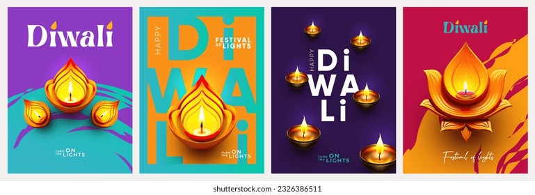 Diwali Hindu festival. Modern colorful design set with oil lamps, beautiful flowers of lights and modern typography. Holiday Happy Diwali templates for branding, card, banner, cover, flyer or poster