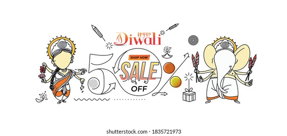 Diwali Hindu festival Poster, Abstract Flat 50% Sale Poster Banner Vector illustration.