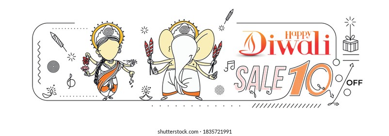 Diwali Hindu festival Poster, Abstract Flat 10% Sale Poster Banner Vector illustration.