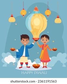 Diwali Hindu Festival vector flat illustration. The Indian boy and girl in traditional attire holding lamps with burning fire in their hands.