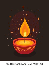 Diwali holiday. Card for Indian festival of lights.  Red burning traditional diwali candle or oil lamp on a dark brown background, golden stars.