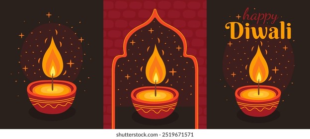 Feriado de Diwali. Coleção de cartas para o festival indiano de luzes. Vela de diwali tradicional queimando vermelha ou lâmpada de óleo em um fundo marrom escuro, arco vermelho indiano, estrelas douradas. Feliz Diwali.