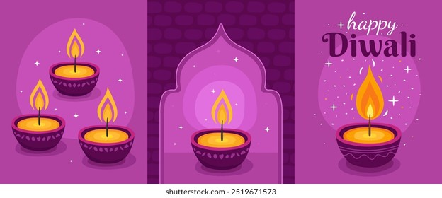 Feriado de Diwali. Coleção de cartas para o festival indiano de luzes. Púrpura escura queimando velas tradicionais diwali ou lâmpadas de óleo em um fundo roxo, arco indiano. Feliz Diwali.