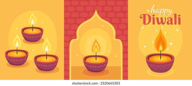 Diwali holiday. Collection of cards for the Indian festival of lights. Purple burning traditional diwali candles or oil lamps on a yellow and red background, Indian arch. Happy Diwali.