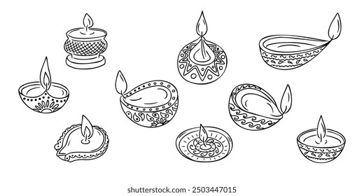 Conjunto de doodle de vacaciones de Diwali. Etiqueta engomada monocromática del contorno del Vector con las lámparas del aceite de vacaciones llamadas diya aisladas en el fondo blanco. Dibujo incompleto relacionado con la festividad india