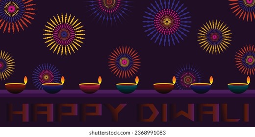 Diwali holiday editable vector background with colorful diya lamps and fireworks. banner, card, poster design. 