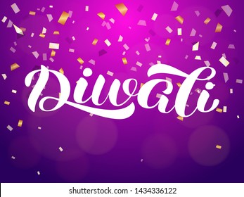 Diwali holiday lettering. Vector illustration with confetti