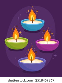 Diwali holiday. Purple, blue and green burning traditional candles or oil lamps on a dark purple background. Indian festival of lights. Vector illustration.