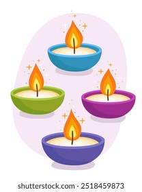Diwali holiday. Purple, blue and green burning traditional candles or oil lamps on a white background. Indian festival of lights. Vector illustration.
