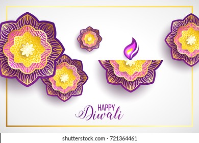 DIwali holiday shiny background with diya lamp and rangoli. Vector illustration. Diwali festival sale poster with mandala, flower, diya lamp. Happy Diwali.