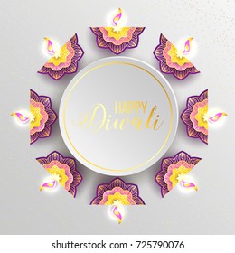 Diwali holiday shiny background with diya lamp and rangoli. Vector illustration. Diwali festival sale poster with mandala, flower, diya lamp. Happy Diwali. 3d decoration.