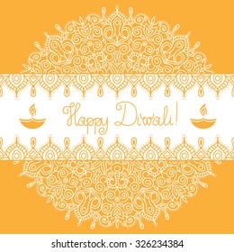 Diwali Holiday vector template. Mandala background. Banner with hand lettering quote Happy Diwali, symbol of burning diya and ethnic ornament. Could be used as design for web, textile or paper.