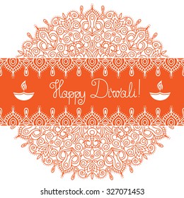 Diwali Holiday vector template. Mandala background. Banner with hand lettering quote Happy Diwali, symbol of burning diya and ethnic ornament. Could be used as design for greeting card, textile or web