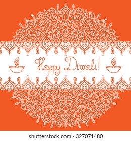 Diwali Holiday vector template. Mandala background. Banner with hand lettering quote Happy Diwali, symbol of burning diya and ethnic ornament. Could be used as design for greeting card, textile or web