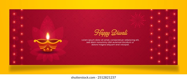 Diwali Horizontal Banner with lightened well decorated lights with light on red background with mandala. Design for Banner or Header with copy space