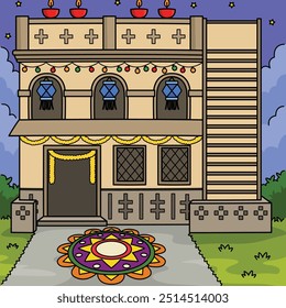 Diwali House with Lights Colored Cartoon 
