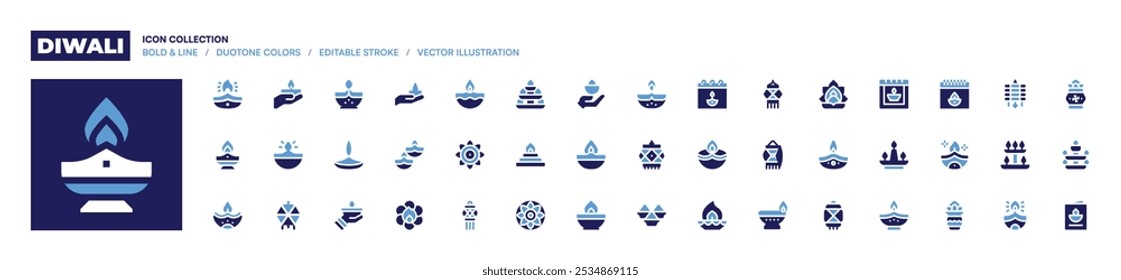 Diwali icon collection. Bold style. Duotone colors. candelabra, candle, mandala, diya, pray, sail, diwali, diwali lamp, rangoli, lantern, hand, fire.