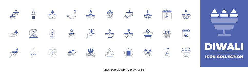 Diwali icon collection. Duotone style line stroke and bold. Vector illustration. Containing candle, lantern, diwali, oil lamp, lamp, kumbh kalash, hand, diwali lamp, sail, calendar, chakra, and more.