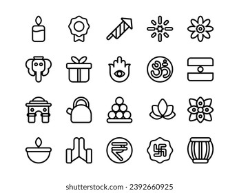 Diwali Icon Pack Outline Style. Religion and Cultural Icons Collection, Perfect for Websites, Landing Pages, Mobile Apps, and Presentations. Suitable for UI UX.