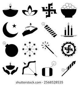 Diwali, Icon Pack, Vector Icons, Black and White, Fill, Line, Firecrackers, lamp, Lanterns, Candles