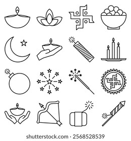 Diwali, Icon Pack, Vector Icons, Black and White, Fill, Line, Firecrackers, lamp, Lanterns, Candles