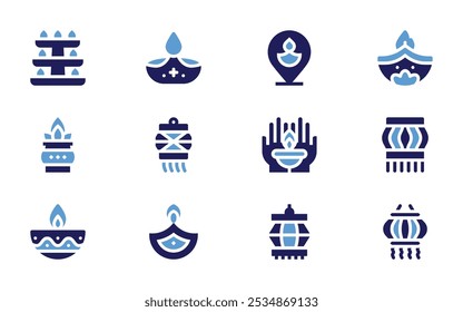 Diwali icon set. Bold style. Duotone colors. diwali, candle, lantern, oil lamp, candles, location pin, kumbh kalash, two hands, diwali lamp.