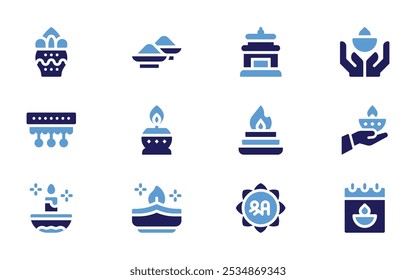 Diwali icon set. Bold style. Duotone colors. dust, candle, oil lamp, diwali lamp, calendar, kumbh kalash, temple, decoration, fire, shree.