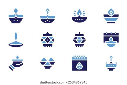Diwali icon set. Bold style. Duotone colors. diwali, lantern, powder, sail, hand, diwali lamp, lamp.