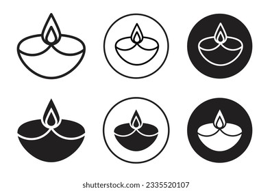 Diwali icon set. diya vector symbol in black filled and line style.