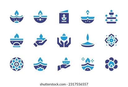 Diwali icon set. Duotone color. Vector illustration. Containing candle, oil lamp, greeting card, diwali, flower, mandala, diwali lamp, fire.