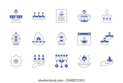 Diwali icon set. Duotone style line stroke and bold. Vector illustration. Containing oil lamp, diwali, greeting card, candle, lantern, lamp, calendar, chakra, candles, decoration.