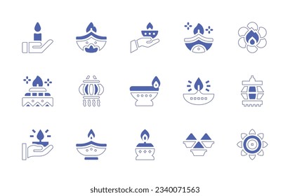 Diwali icon set. Duotone style line stroke and bold. Vector illustration. Containing candle, diwali lamp, fire, yagna, lantern, oil lamp, powder, rangoli.