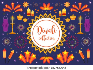 Diwali icon set, holiday lights in india. Collection of design elements with candles, fireworks, paper lantern, stars, rockets. Vector illustration, clip art
