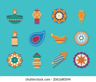 diwali icon set on blue background