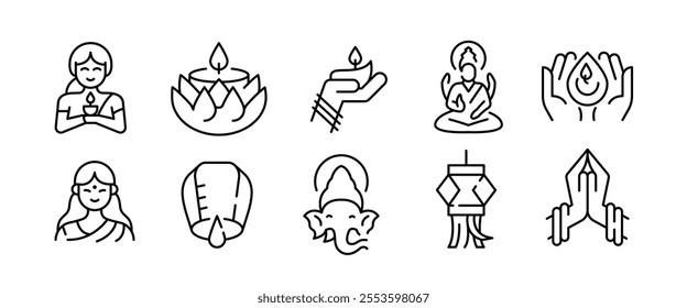 Diwali icons. Set of 10 Diwali-themed trendy minimal icons. Example: Diya Lamp, Om, Ganesha, Lotus Flower icon, hands. Design signs for web page, mobile app, packaging design. Vector illustration
